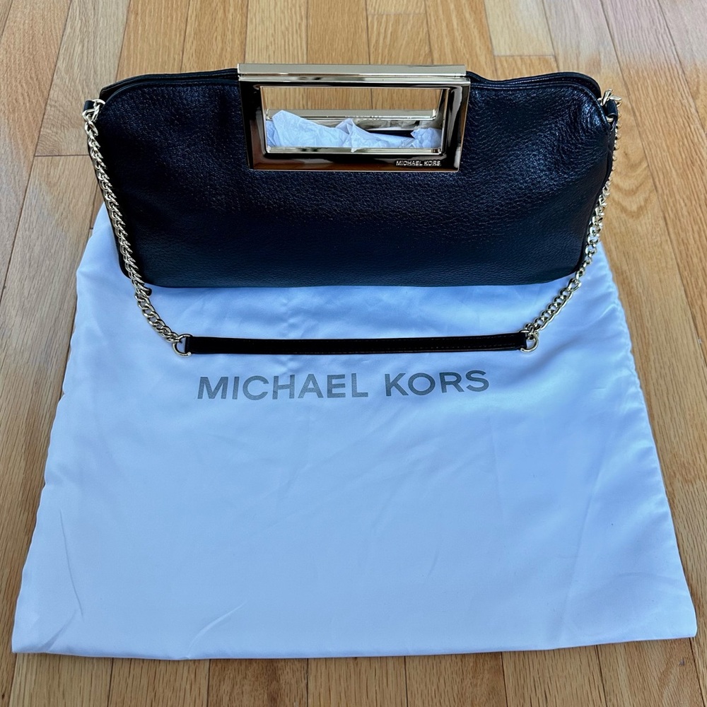 Michael Kors Black Leather Bag Clutch with gold chain straps - Picture 2 of 9